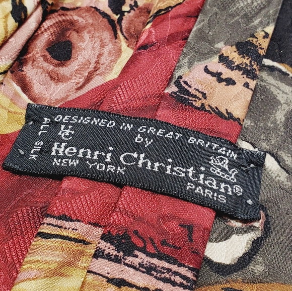 Henri Christian Necktie Red & Tan Abstract Pattern Silk Neck Tie 54x3.5" - Picture 3 of 5
